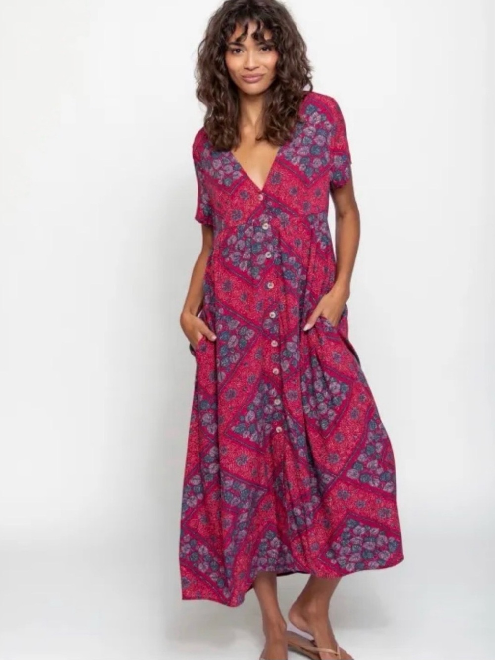 NWT Natural Life Avery Small Midi Dress Red Floral Button Up Boho Pockets